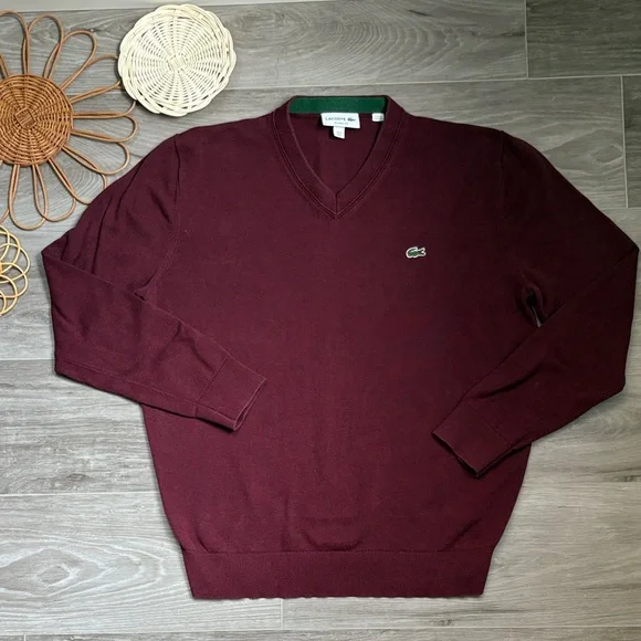 Lacoste Men's Burgundy V-Neck Sweater - Picture 3 of 5